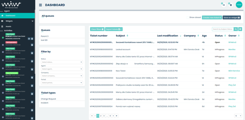 screenshot of Mint Service Desk